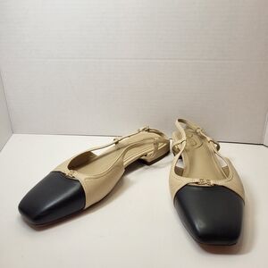 Sam Edelman Kara Slingback Flats Beige Black Cap Toe Leather Ballet  Shoes